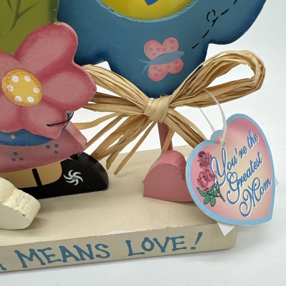 Vintage Mom Means Love Wooden With Little Girl With Hair & Bow 3D New Old Stock